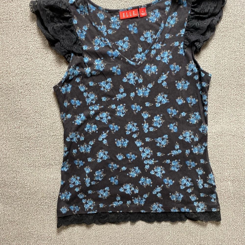 Elle Black and Blue Floral Lace Sleeve Blouse- Poetcore Romantic Cottagecore